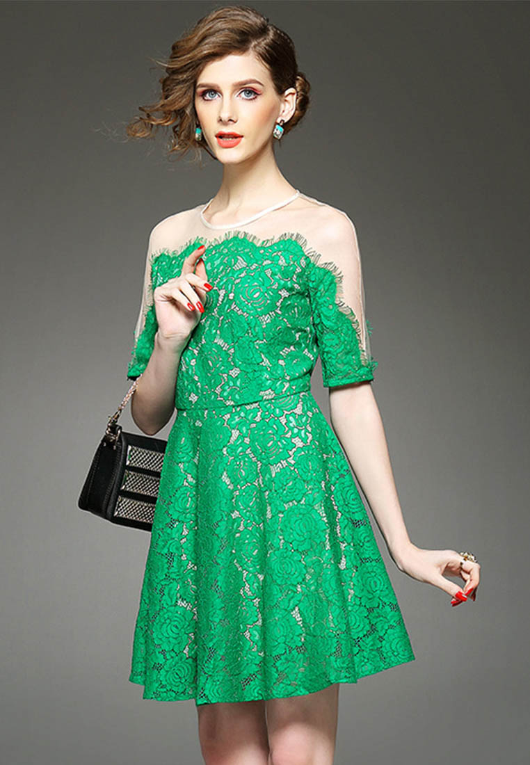 --Green Lace See Through Shoulder One Piece Dress K200414-M