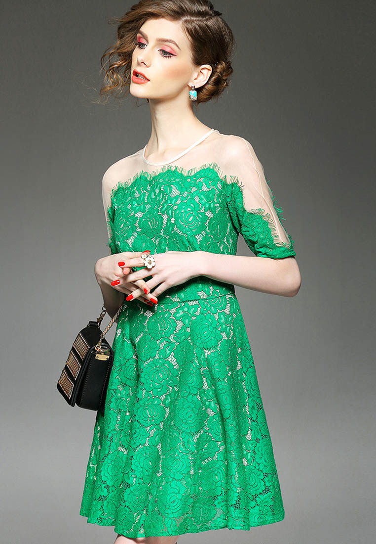 --Green Lace See Through Shoulder One Piece Dress K200414-M