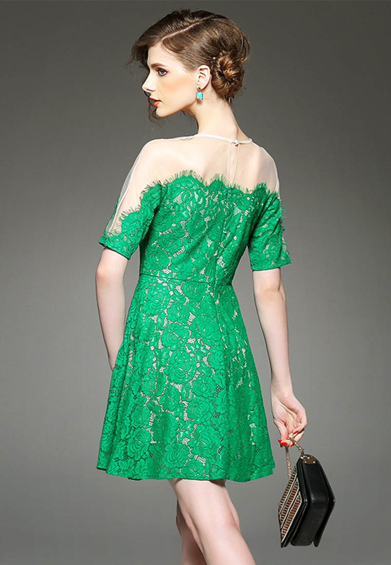 --Green Lace See Through Shoulder One Piece Dress K200414-M