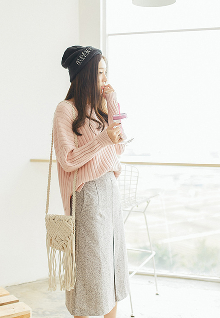 --Grey Straight Midi Skirt K20041604-S