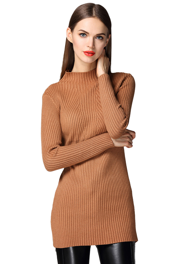 --Brown Knit High Neck Top K2006011-F