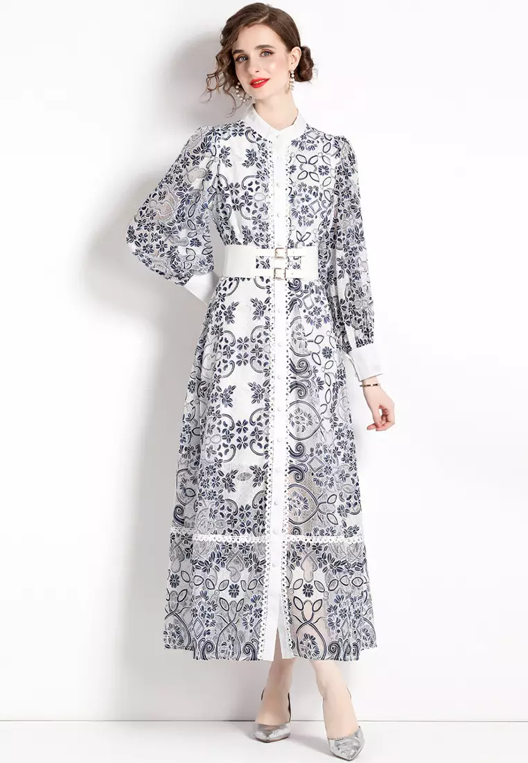 Lantern long sleeve lace print strappy dress CA100526