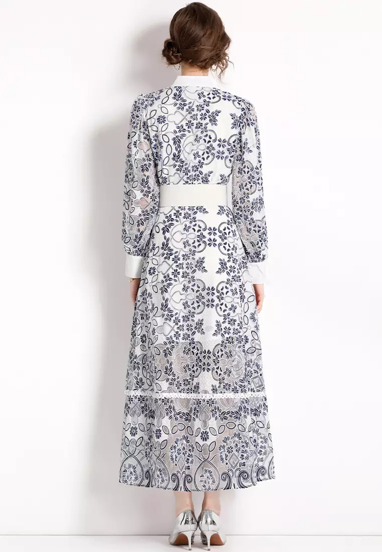 Lantern long sleeve lace print strappy dress CA100526