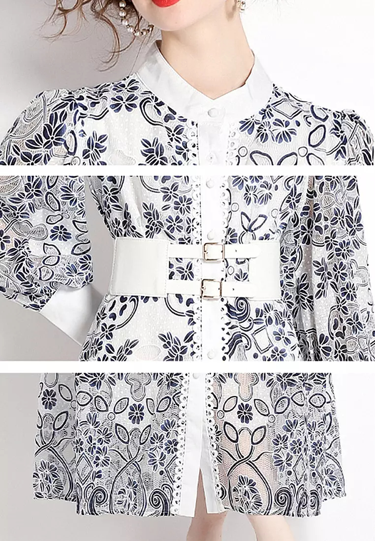 Lantern long sleeve lace print strappy dress CA100526