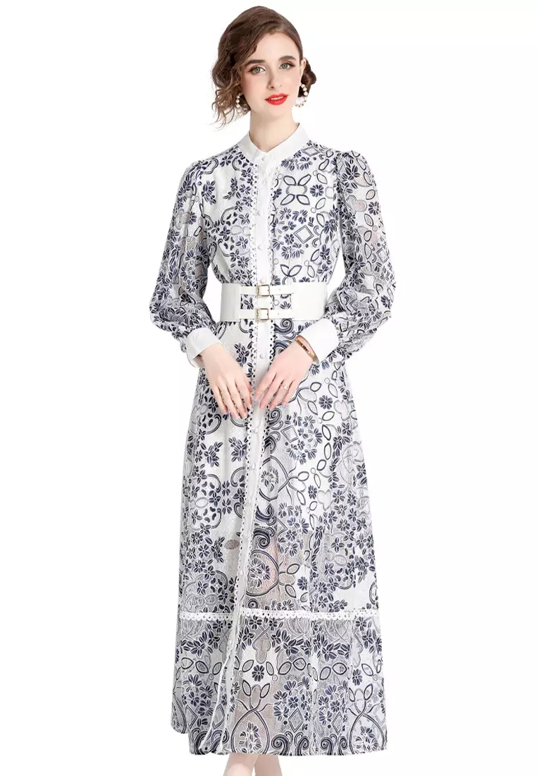 Lantern long sleeve lace print strappy dress CA100526