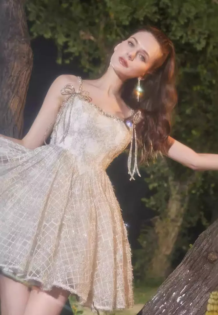 Luxurious new silver silk tutu dress with suspenders K100204