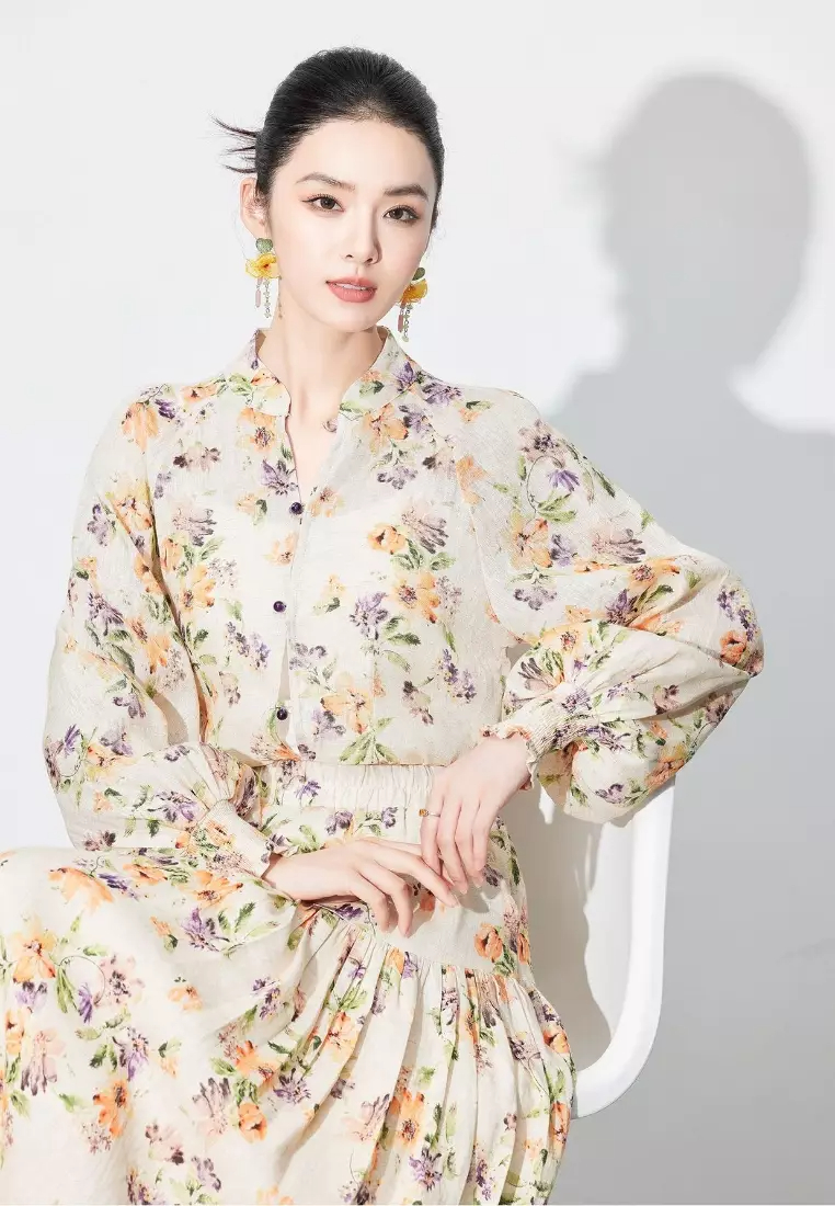 High-end linen long-sleeved shirt top two-piece suit dress K100903