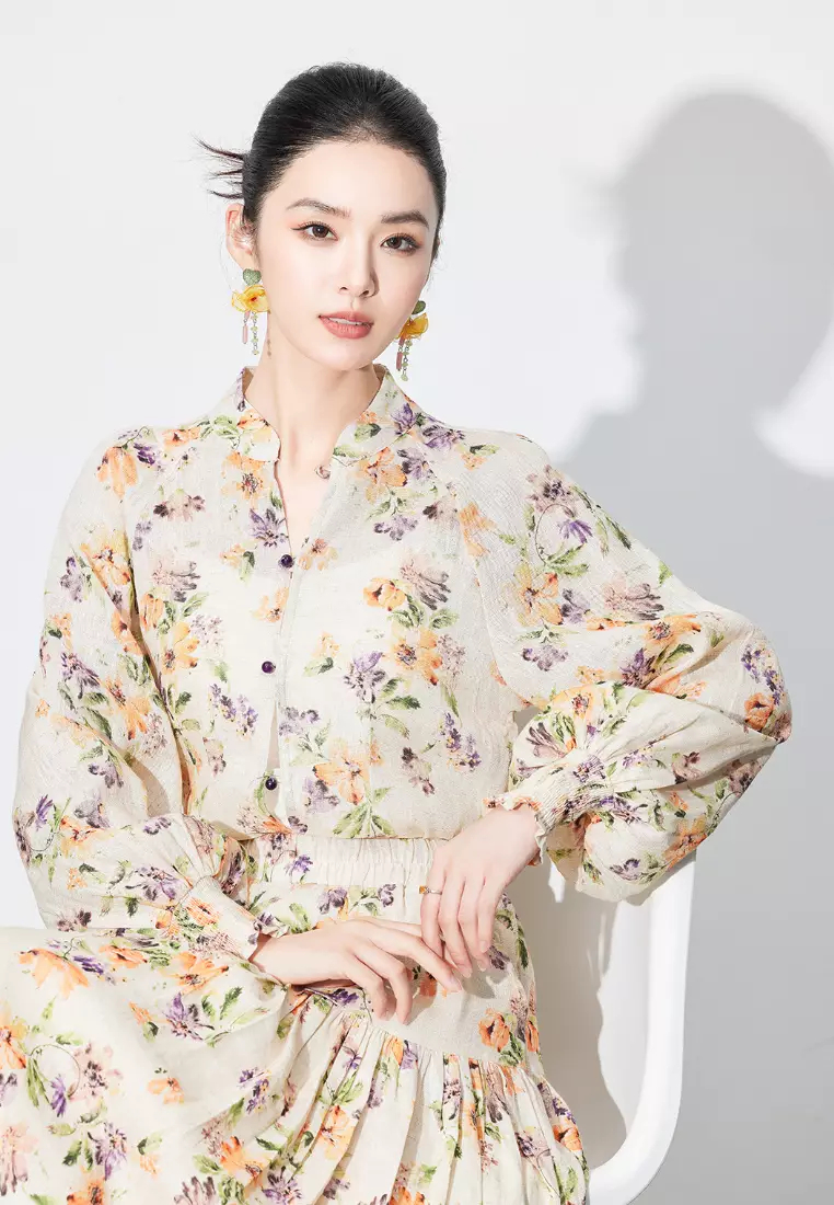 High-end linen long-sleeved shirt top two-piece suit dress K100903