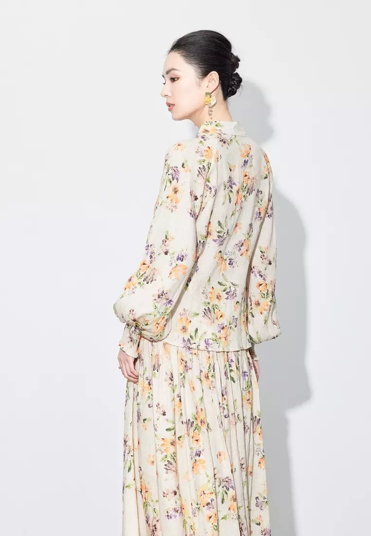 High-end linen long-sleeved shirt top two-piece suit dress K100903