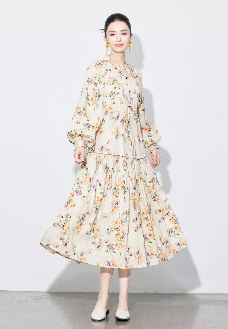 High-end linen long-sleeved shirt top two-piece suit dress K100903