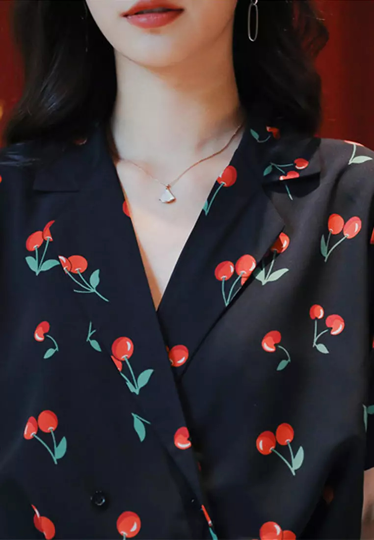 New Korean style casual short-sleeved cherry print shirt CA24032502