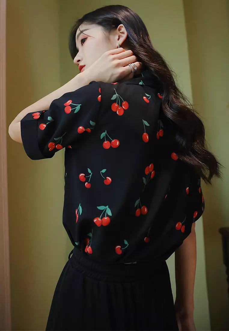 New Korean style casual short-sleeved cherry print shirt CA24032502