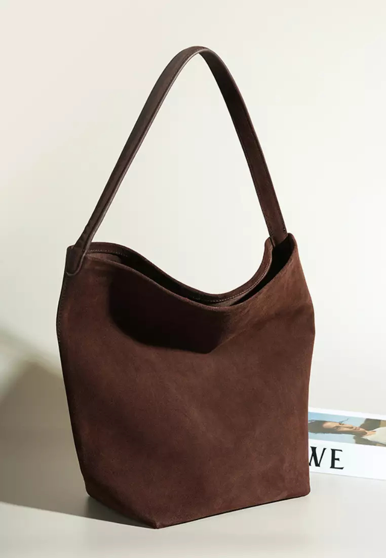 New suede cowhide large capacity genuine leather bucket bag K100401-BW