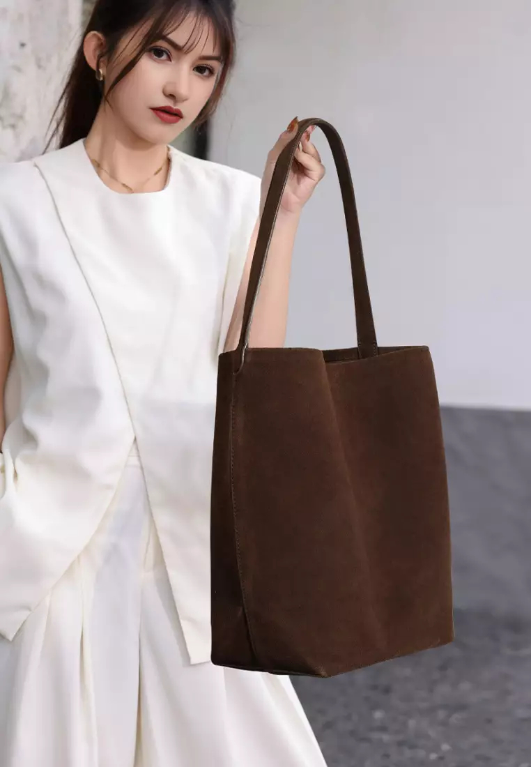 New suede cowhide large capacity genuine leather bucket bag K100401-BW