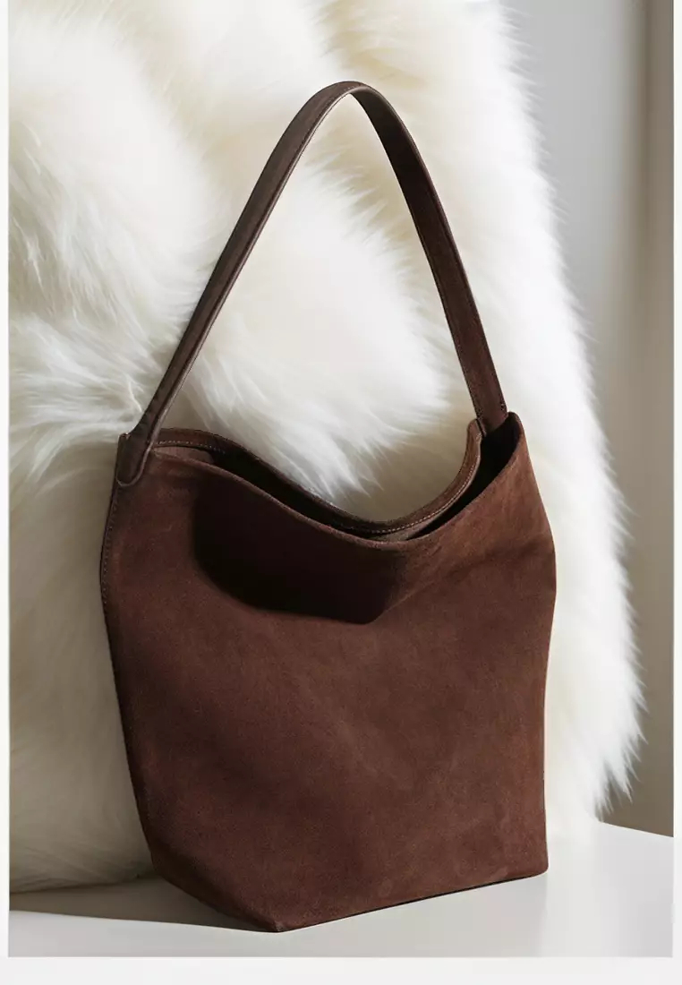 New suede cowhide large capacity genuine leather bucket bag K100401-BW