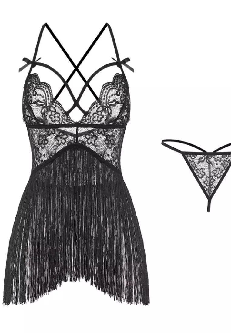 New deep V lace backless tassel pajamas nightgown Lingerie K062603BK-sunnydaysweety