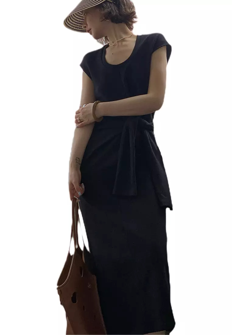 New elegant French U-neck knotted dress CA24032514BK