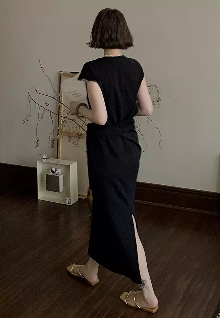 New elegant French U-neck knotted dress CA24032514BK