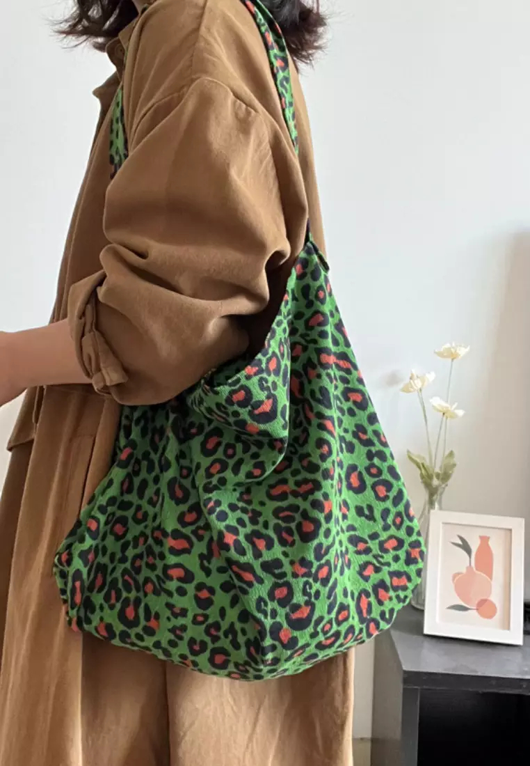New green leopard print canvas bag large capacity bag K100402