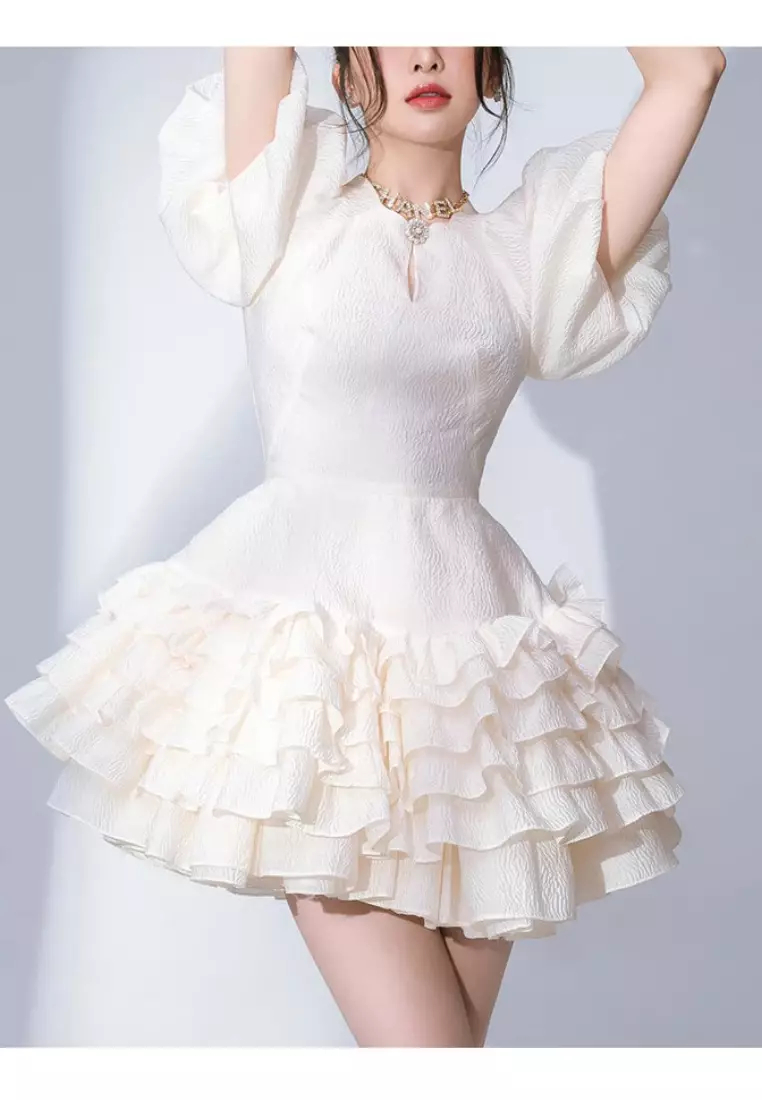 New jacquard bubble ruffle dress K100209