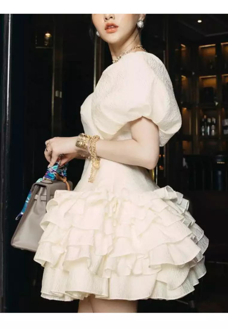 New jacquard bubble ruffle dress K100209