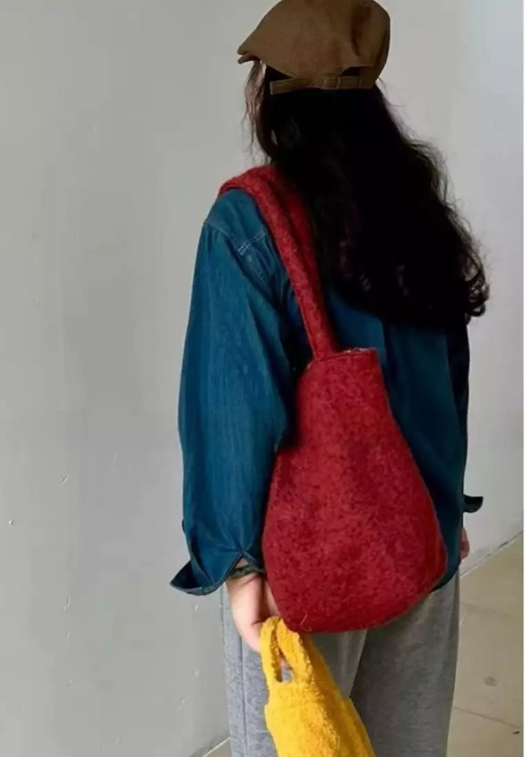 New plush retro dark red large capacity cloth bag bucket bag K10040