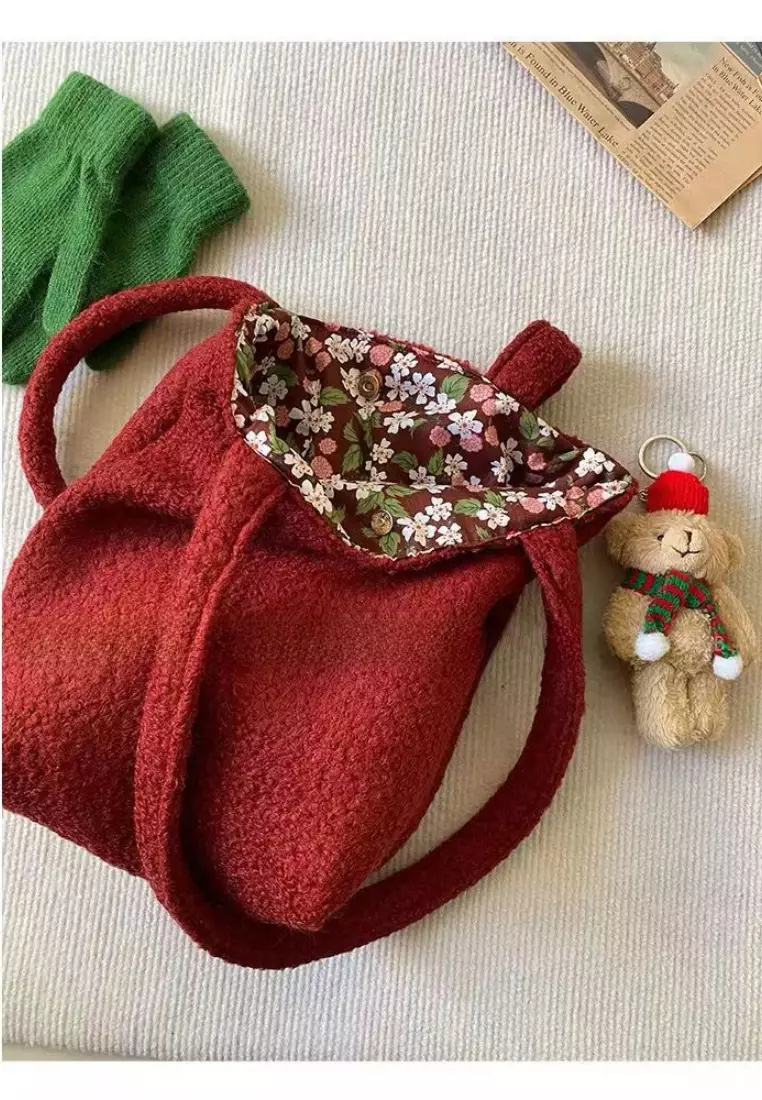 New plush retro dark red large capacity cloth bag bucket bag K10040