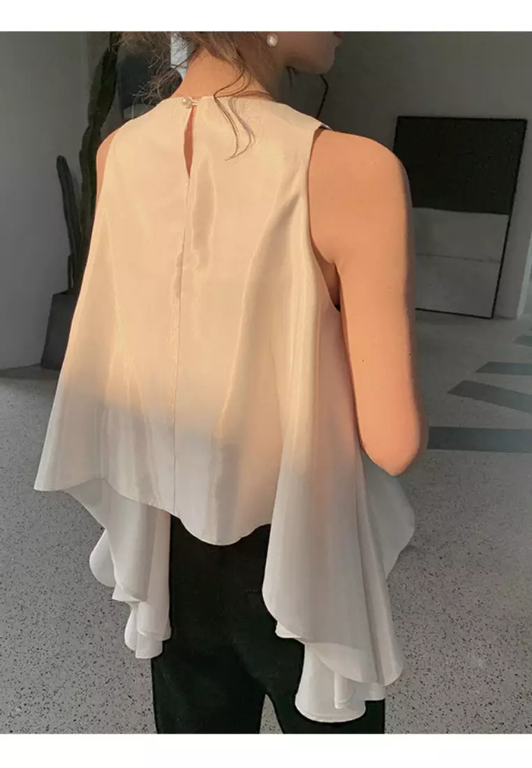 New pure white lotus leaf hem sleeveless top K052801