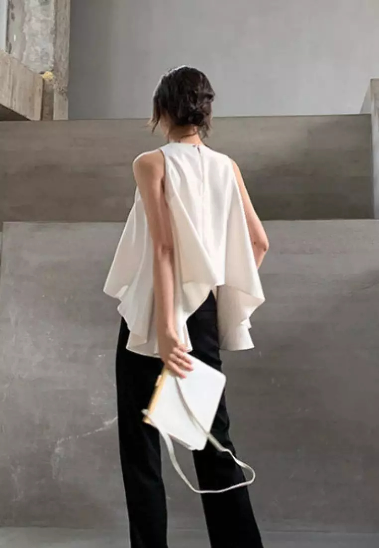 New pure white lotus leaf hem sleeveless top K052801