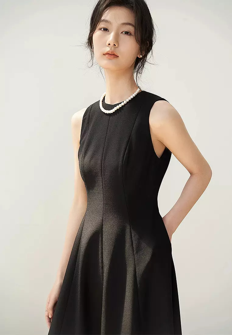 New round neck sleeveless elegant long A line dress CA24032516BK