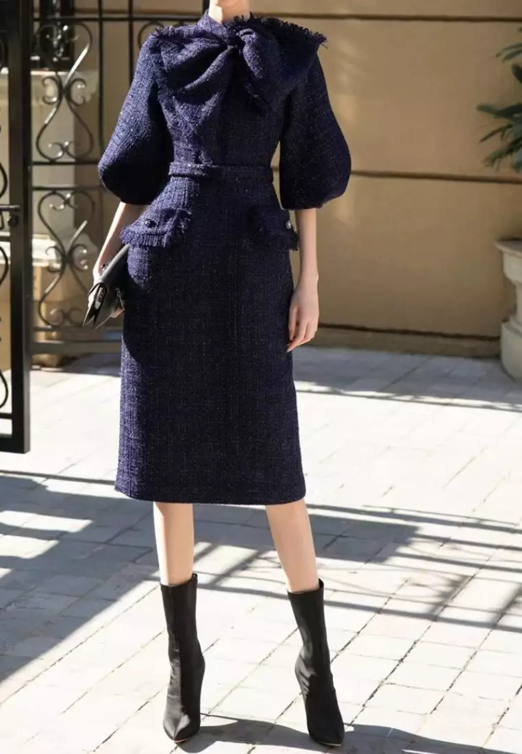 New style tweed mid-sleeve bow dress K100304