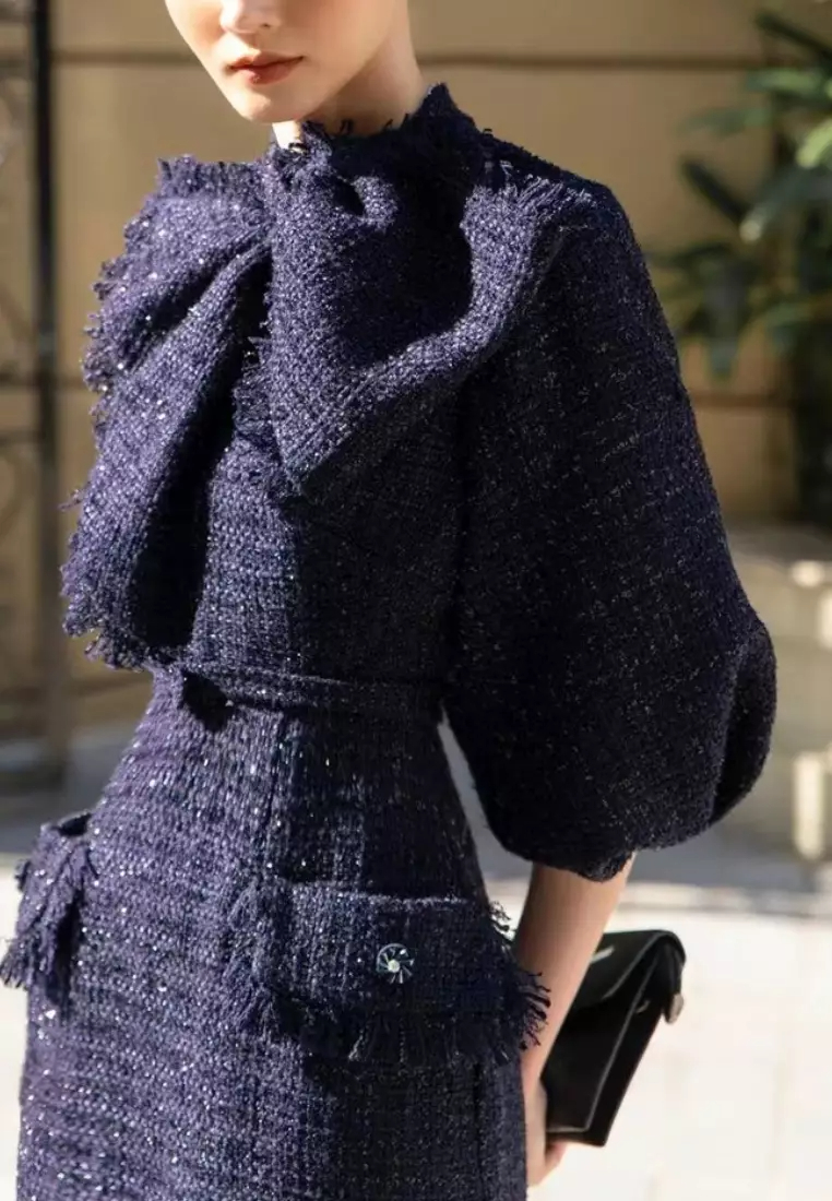 New style tweed mid-sleeve bow dress K100304