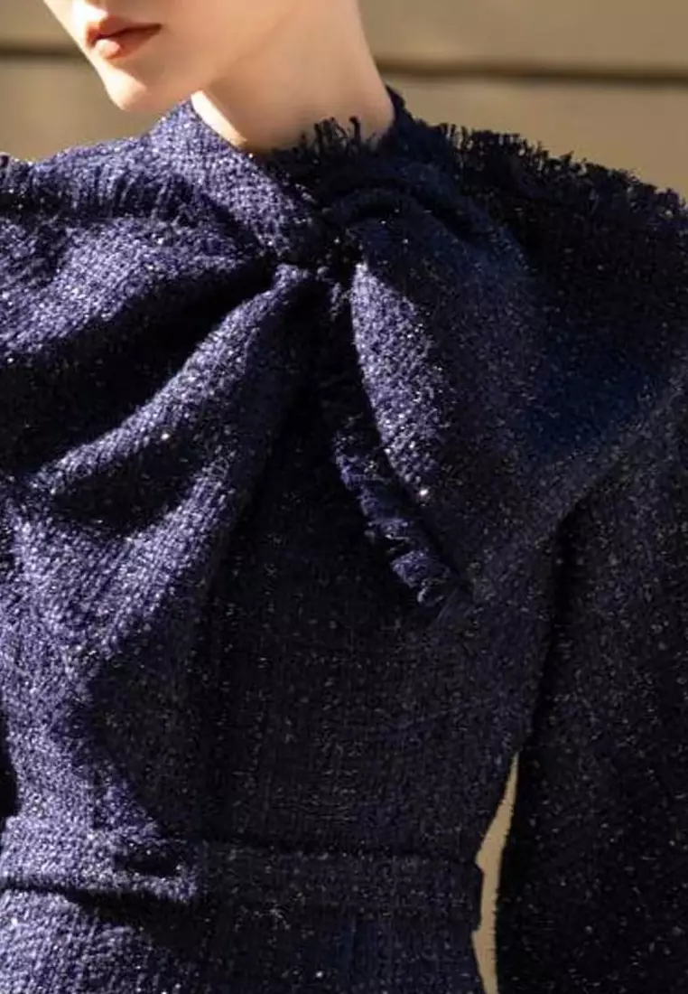 New style tweed mid-sleeve bow dress K100304