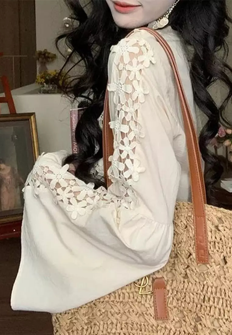 New temperament floral hollow long-sleeved shirt top K093001