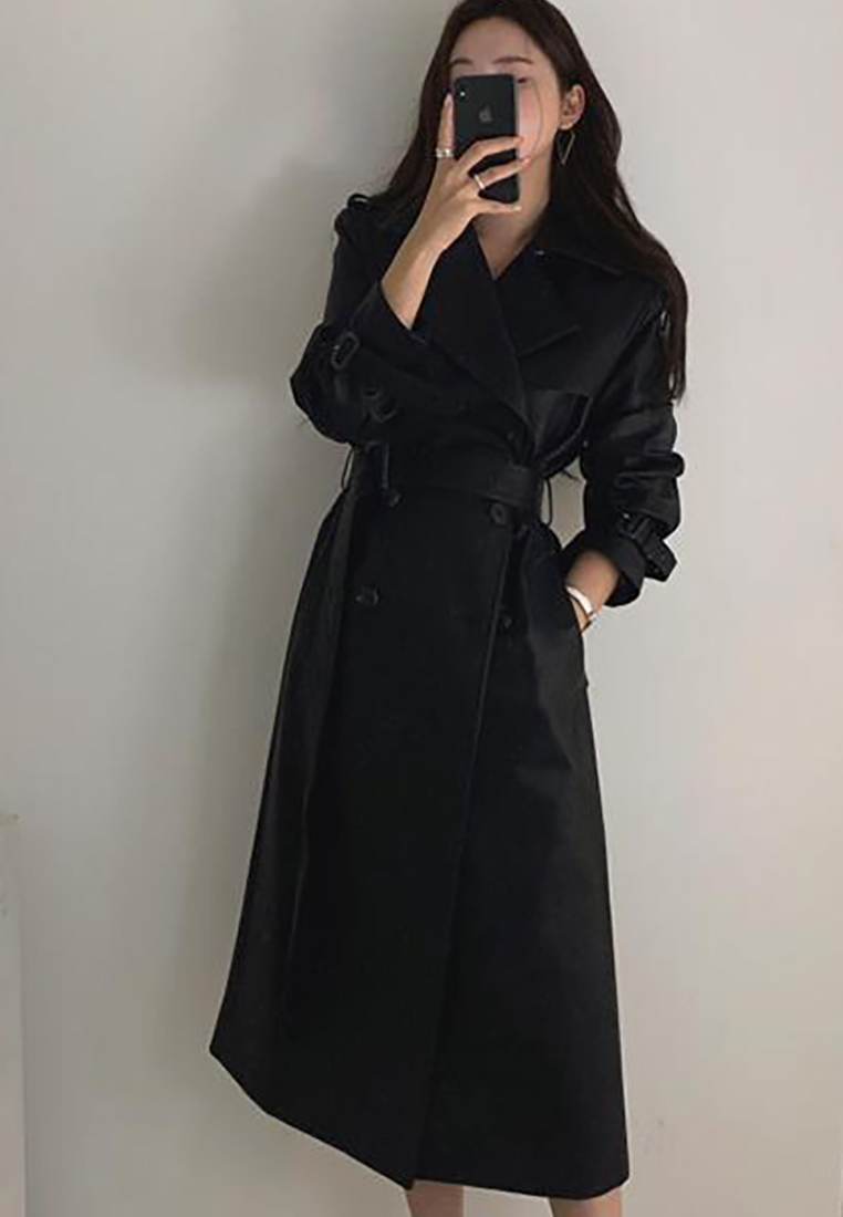 Retro versatile slim and long leather coat windbreaker CA241128116BK