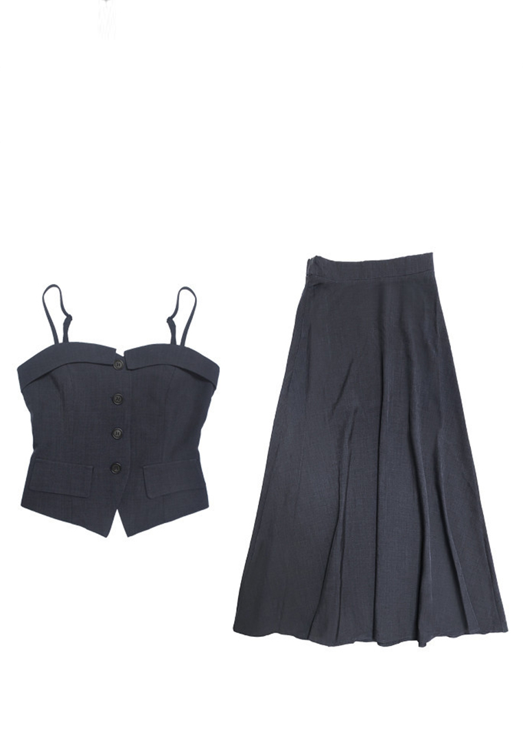 New waisted camisole top + high waisted mid-length skirt two-piece set CA25060310BK