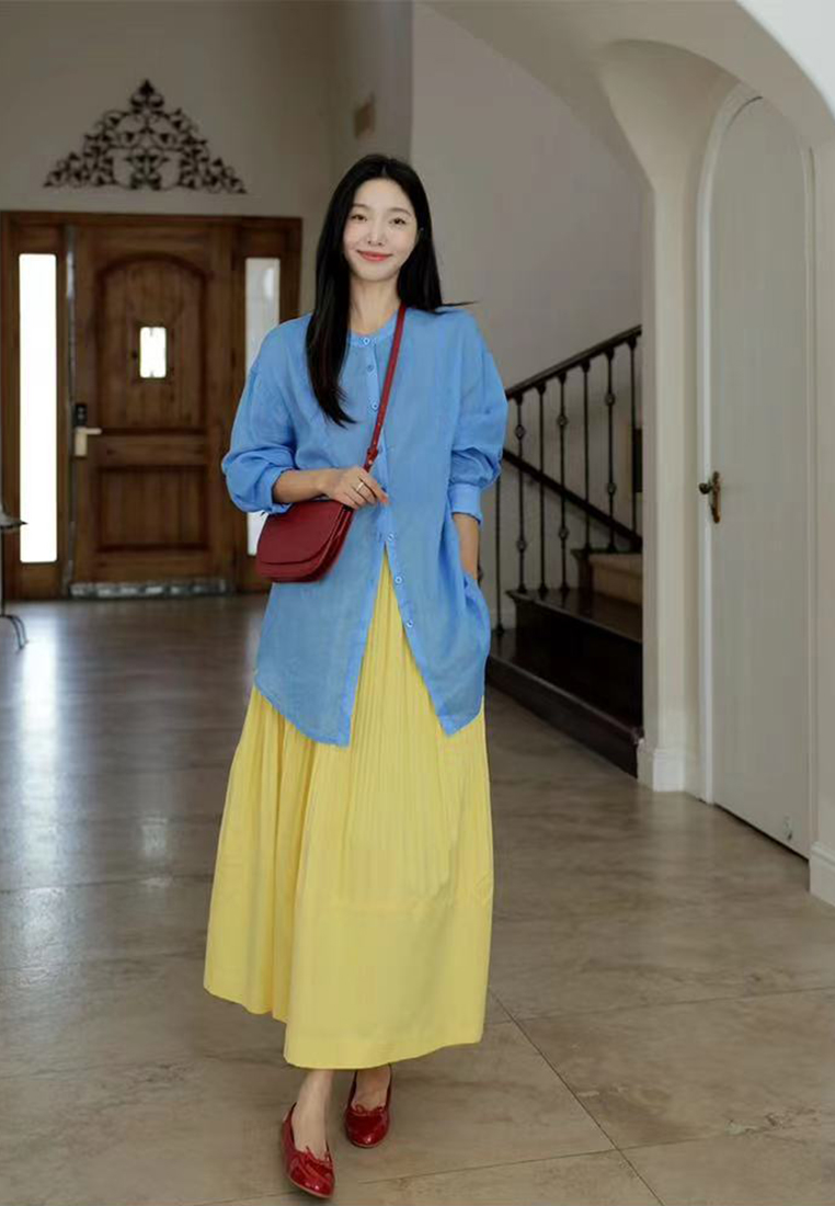 Lightweight and loose long shirt yellow half skirt set CA24092710BL