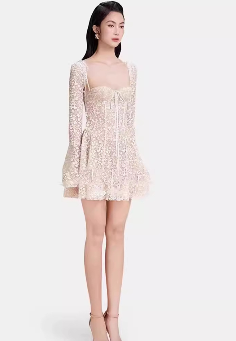 Autumn lace low neck long sleeved dress CA24102529W