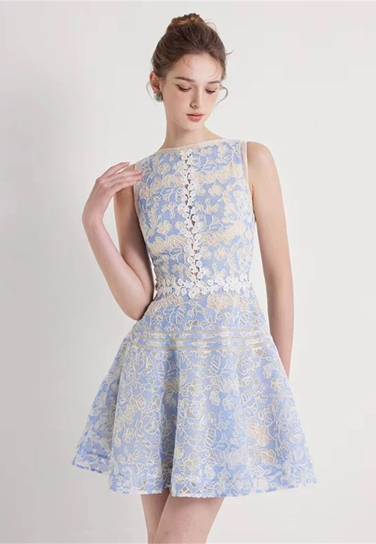 Elegant slim fit embroidered lace dress CA24102520BL