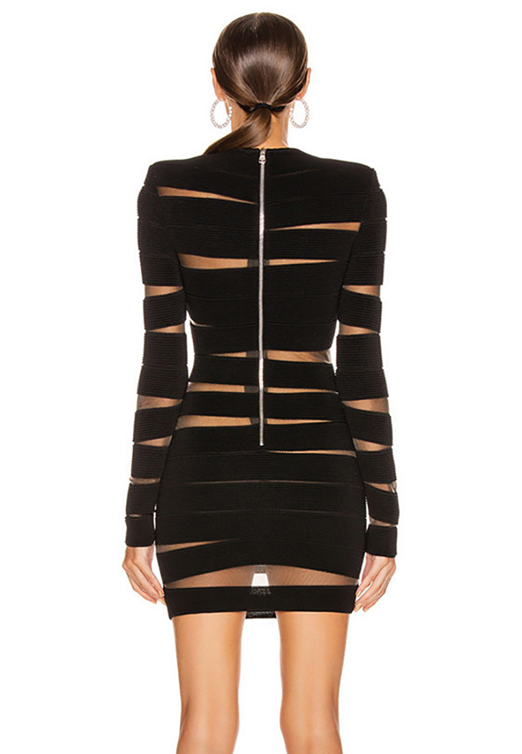 Fashion mesh elastic striped bandage dress CA242111924BK