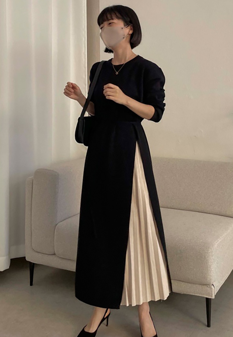 French elegant round neck patchwork lace up dress CA24092728BK