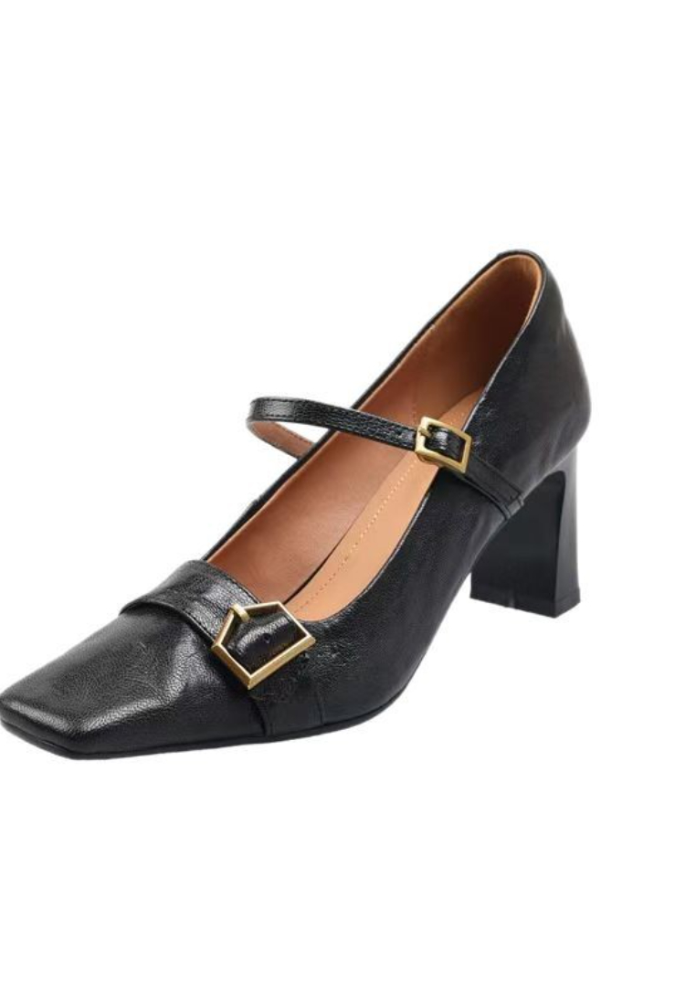 Leather buckle chunky heel Mary Jane shoes square toe high heels CA25112810BK