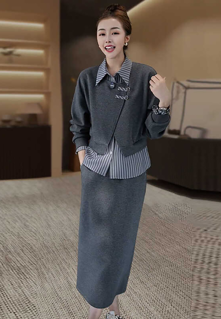 Casual Fashion Coat Half Skirt Set CA24092704GY