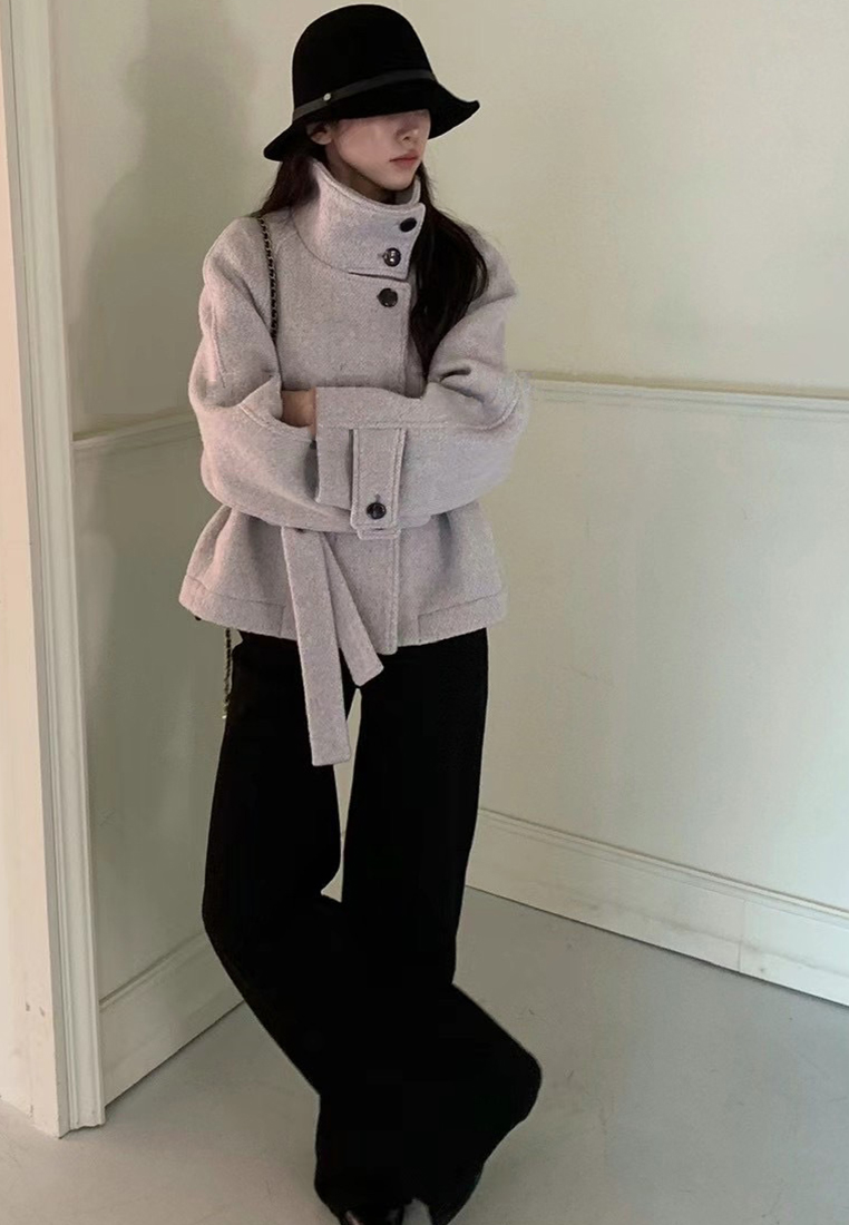 New French style warm stand collar solid color coat CA25102008BK