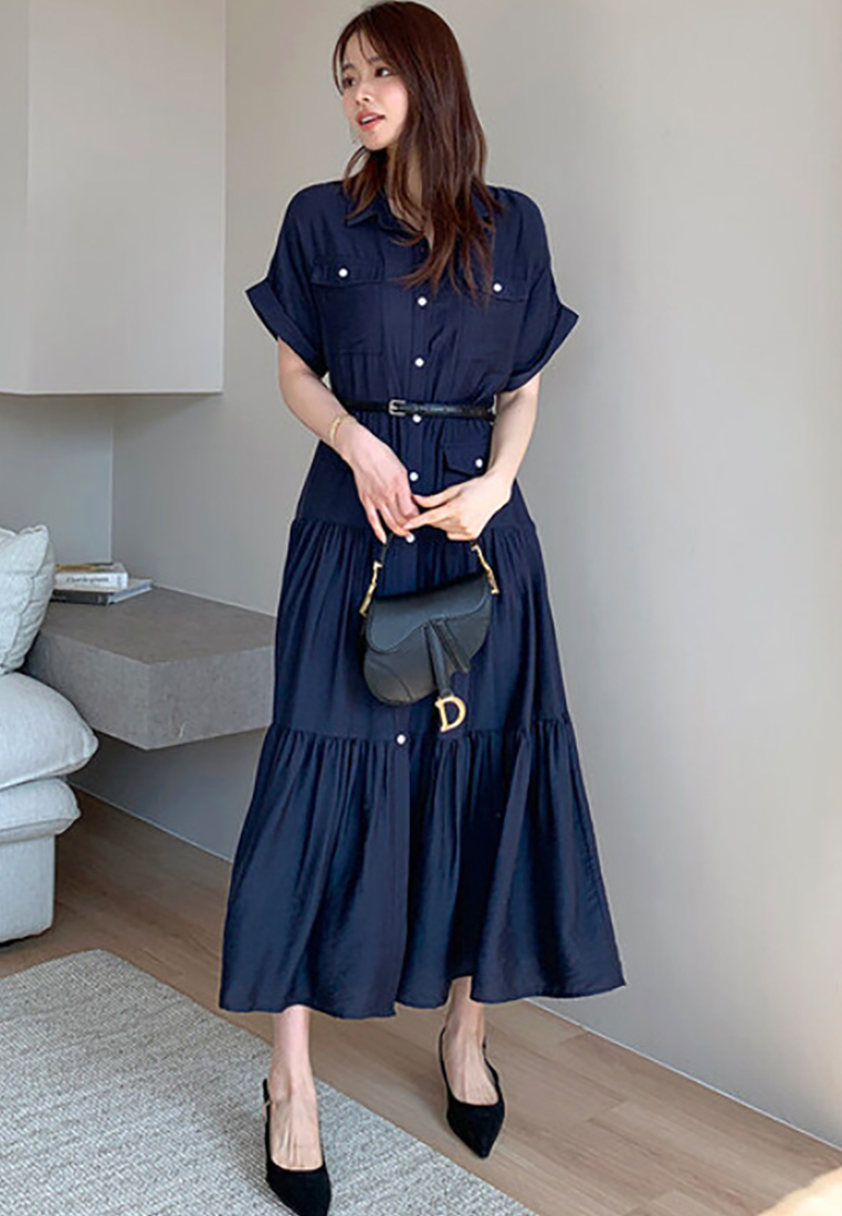 French-style collar dress with belted waist CA25091910BL