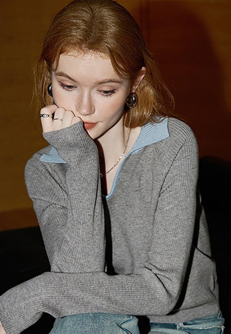 Temperament new contrasting color lapel knitted top K120905 