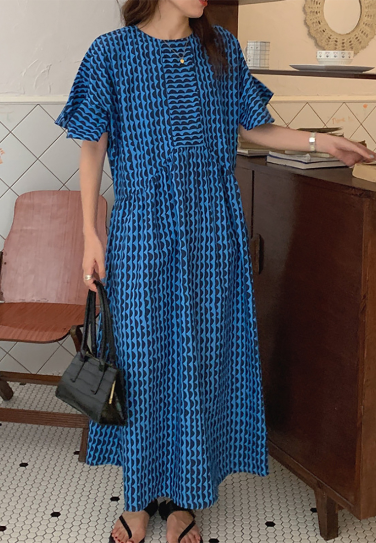 Korean retro lotus leaf sleeve loose print striped dress CA225042253BK