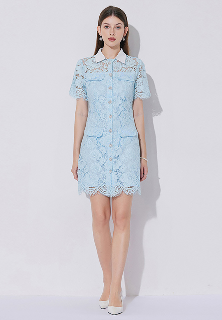 Summer new style lapel lace hollow short dress CA225042286BL