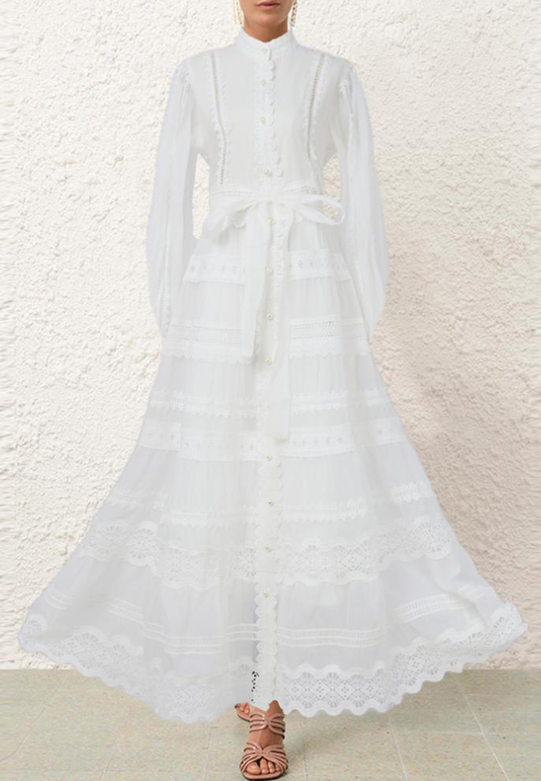 French style dress hollow lace splicing puff sleeve long dress K102206BW