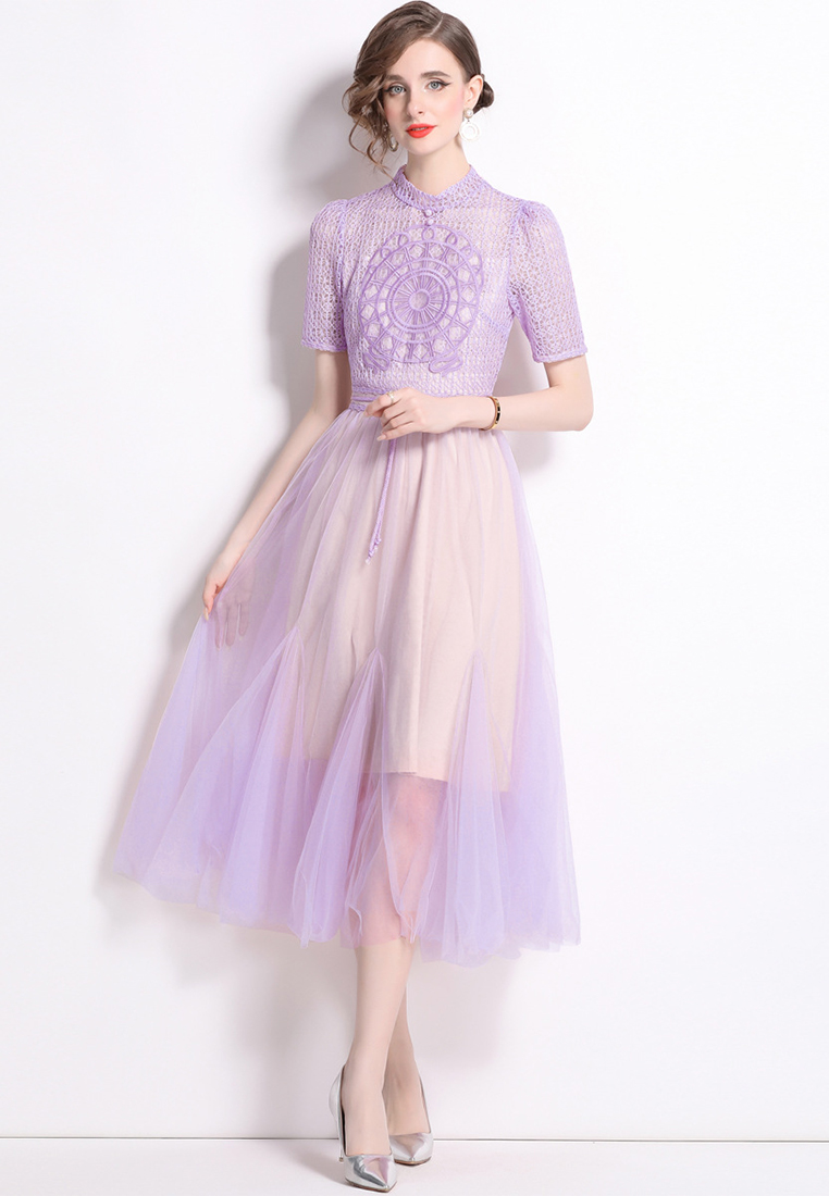 French Vintage Mature Short Sleeve Round Neck Lace Dress CA0613100BE